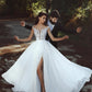 Beach Open Back Wedding Dresses Court Train A-Line Cap Sleeve Illusion Neck Chiffon With Pleats