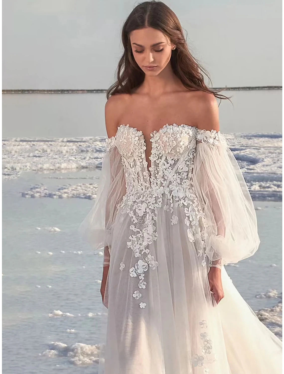 Beach Formal Wedding Dresses A-Line Off Shoulder Long Sleeve Court Train Lace Bridal Gowns With Appliques Fall Wedding Party