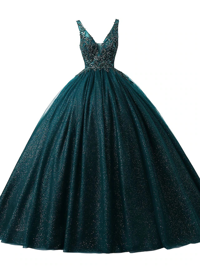 Ball Gown Prom Dresses Sparkle & Shine Dress Quinceanera Floor Length Sleeveless V Neck Tulle with Sequin