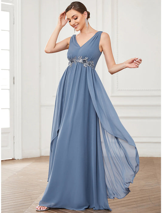 A-Line Prom Dresses Minimalist Dress Party Wear Floor Length Sleeveless V Neck Chiffon