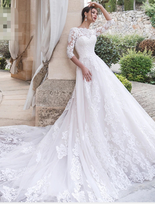 Engagement Formal Wedding Dresses Ball Gown Illusion Neck 3/4 Length Sleeve Court Train Lace Bridal Gowns