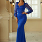 Mermaid / Trumpet Evening Gown Elegant Dress Formal Wedding Guest Sweep / Brush Train Long Sleeve Square Neck Polyester with Pure Color