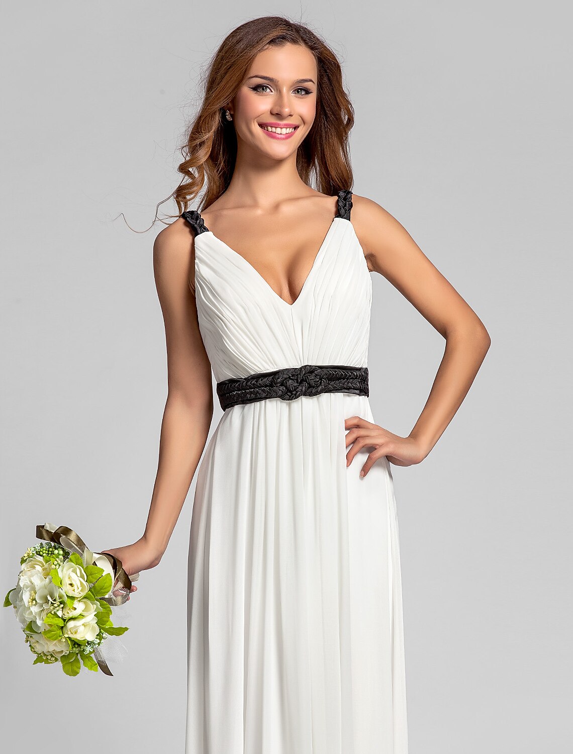 Sheath / Column V Neck Floor Length Georgette Bridesmaid Dress with Sash