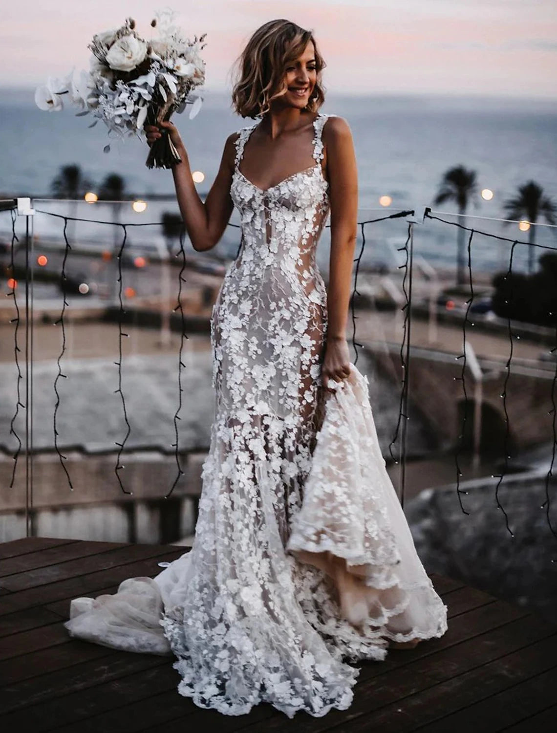 Beach Sexy Boho Wedding Dresses Mermaid / Trumpet Sweetheart Regular Straps Court Train Lace Bridal Gowns