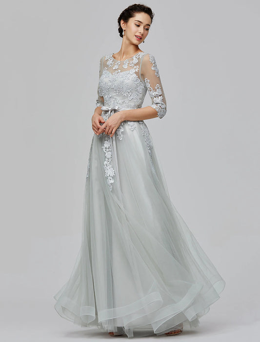 A-Line Empire Dress Wedding Guest Prom Floor Length Half Sleeve Illusion Neck Tulle with Bow(s)