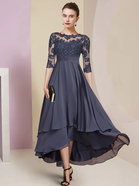 Sheath / Column Mother of the Bride Dress Wedding Guest Party Elegant High Low Jewel Neck Asymmetrical Chiffon Lace Half Sleeve with Pleats