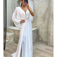 A-Line Evening Gown High Split Dress Formal Fall Sweep / Brush Train Long Sleeve One Shoulder Satin with Pleats Crystals