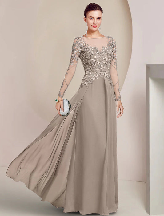 Sheath / Column Mother of the Bride Dress Formal Wedding Guest Elegant Scoop Neck Floor Length Chiffon Lace Long Sleeve with Beading