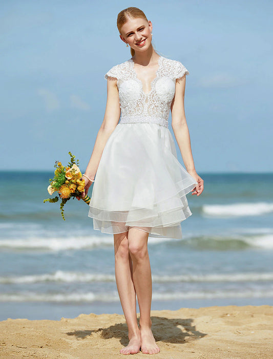 Wedding Dresses A-Line V Neck Sleeveless Knee Length Tulle Bridal Gowns With Ribbon Beading