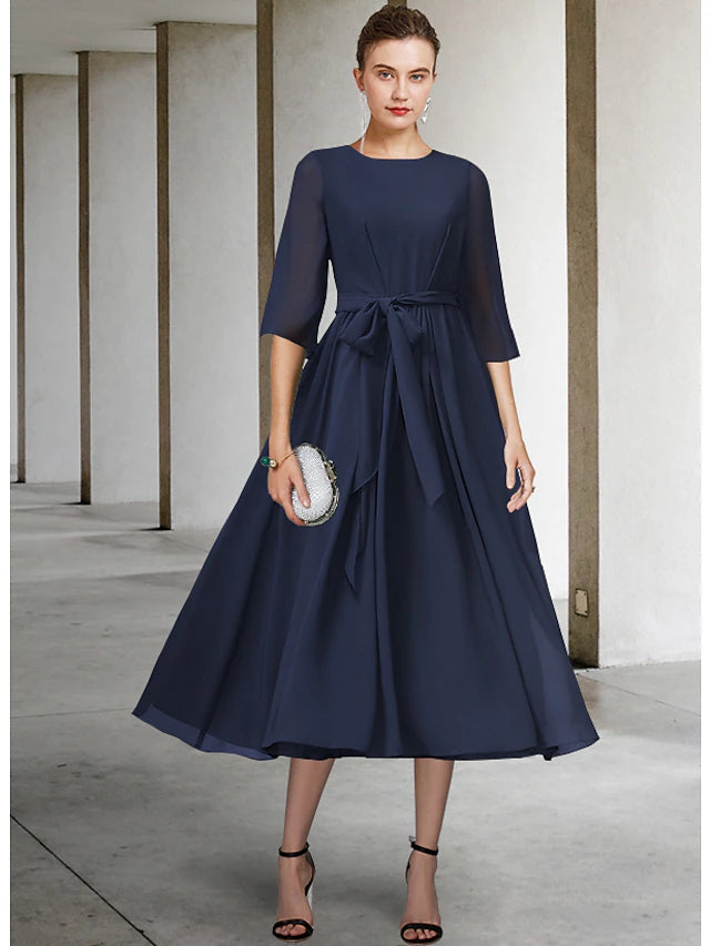 Sheath / Column Mother of the Bride Dress Simple Elegant Scoop Neck Tea Length Chiffon Half Sleeve with Sash / Ribbon