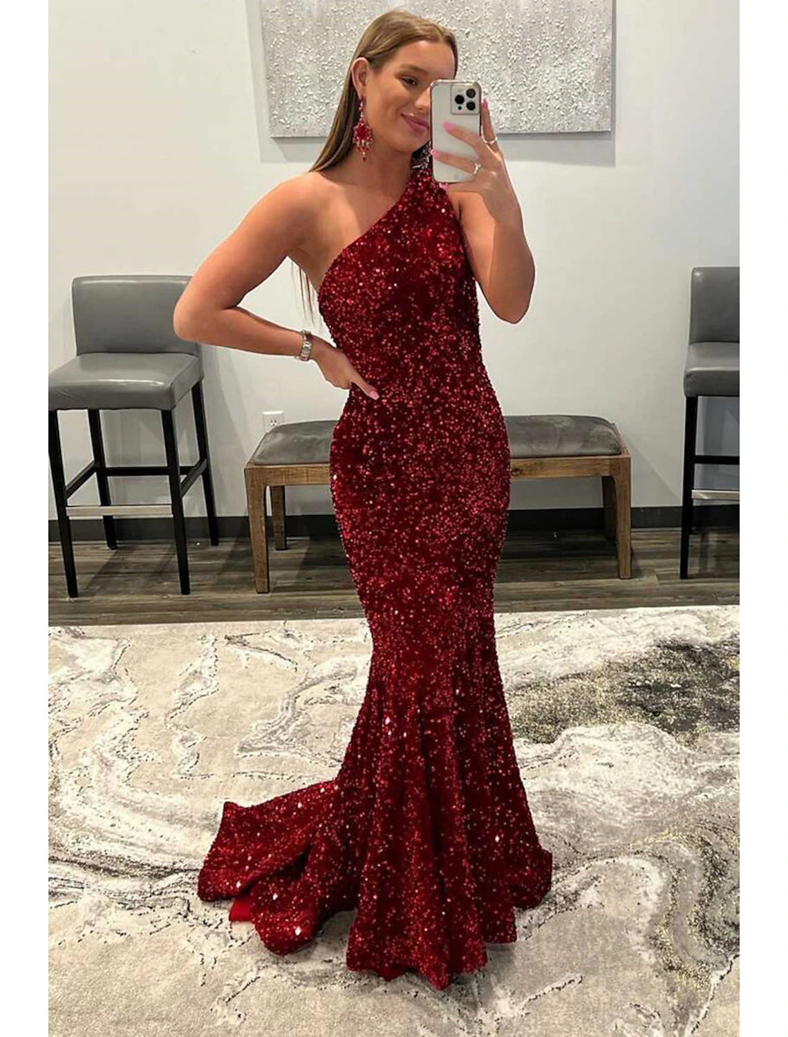 Mermaid / Trumpet Prom Dresses Sexy Dress Formal Floor Length Sleeveless One Shoulder Sequined Backless