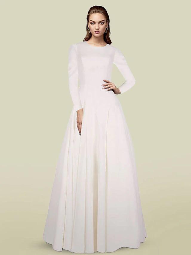 A-Line Mother of the Bride Dress Elegant Jewel Neck Floor Length Italy Satin Long Sleeve with