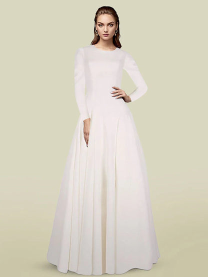 A-Line Mother of the Bride Dress Elegant Jewel Neck Floor Length Italy Satin Long Sleeve with