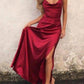 A-Line Beautiful Back Sexy High Split Engagement Prom Formal Evening Dress Spaghetti Strap Sleeveless Floor Length Satin with Ruffles