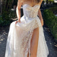 A Line Sweetheart Side Split Full Lace Palace Train Wedding Dress Sparkly