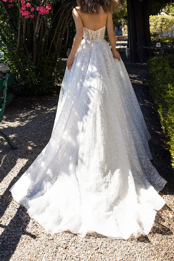 A Line Sweetheart Side Split Full Lace Palace Train Wedding Dress Sparkly