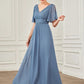 A-Line Prom Dresses Party Dress Wedding Guest Floor Length Short Sleeve V Neck Chiffon with Ruched