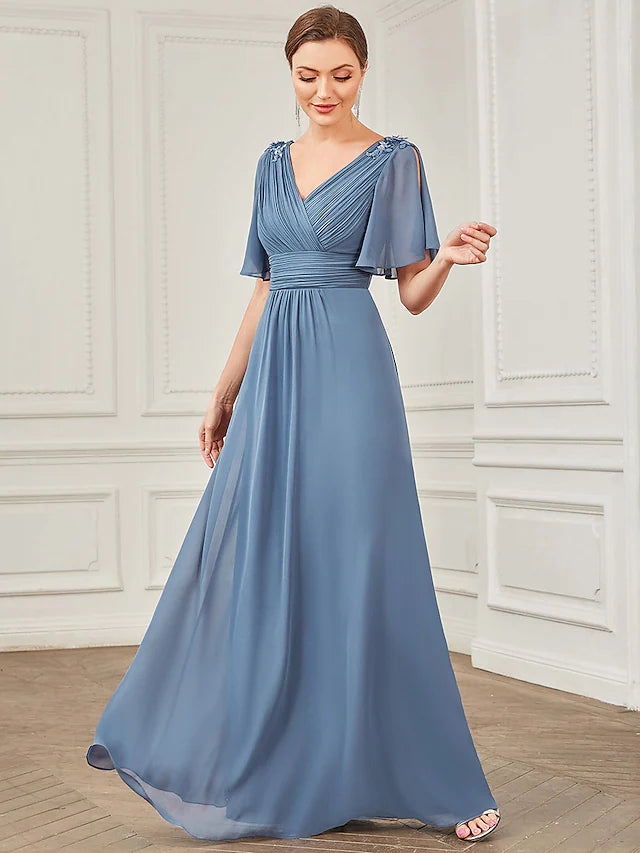 A-Line Prom Dresses Party Dress Wedding Guest Floor Length Short Sleeve V Neck Chiffon with Ruched