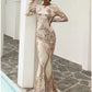 Mermaid / Trumpet Evening Gown Elegant Dress Formal Sweep / Brush Train Long Sleeve Scoop Neck Sequined with Glitter