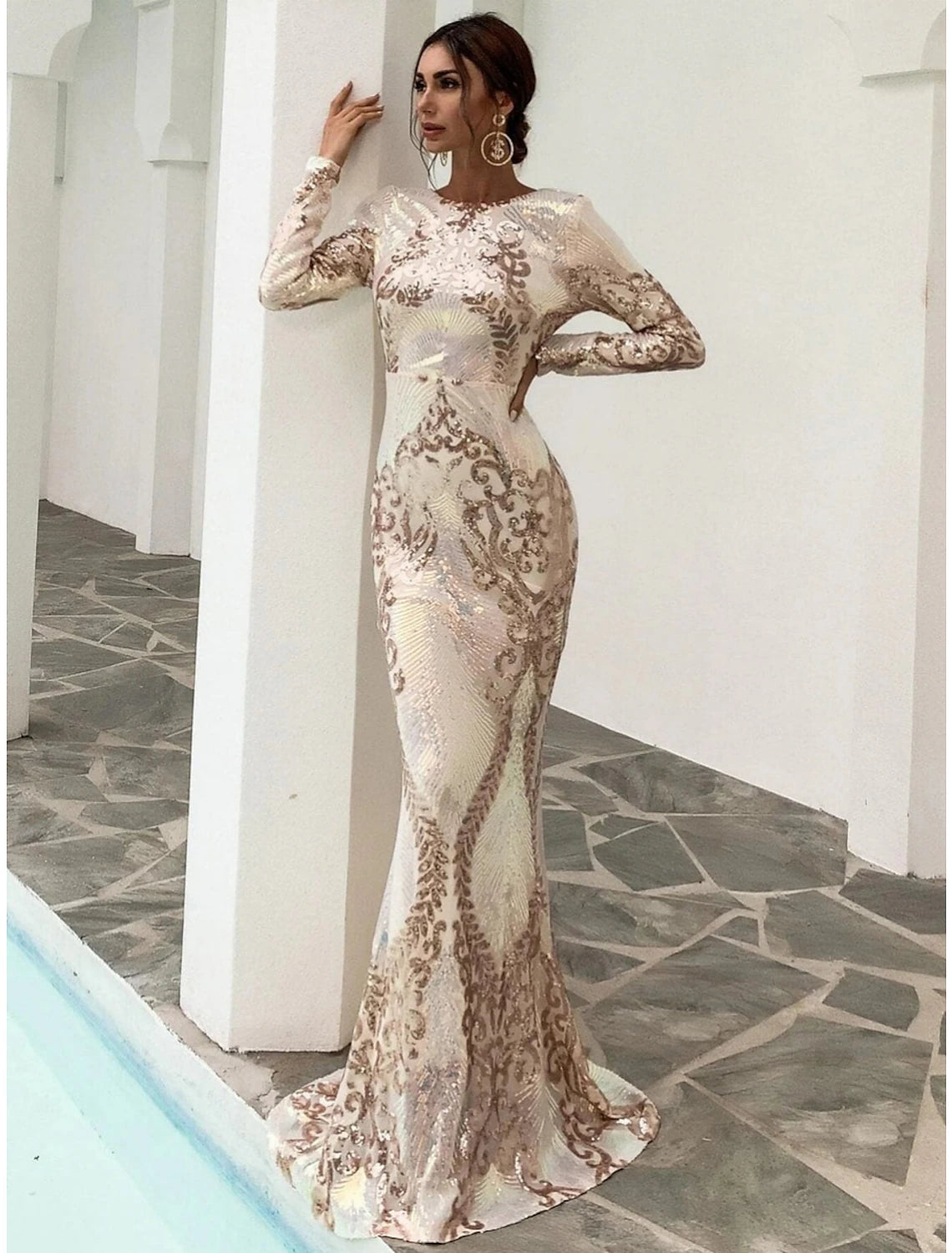 Mermaid / Trumpet Evening Gown Elegant Dress Formal Sweep / Brush Train Long Sleeve Scoop Neck Sequined with Glitter
