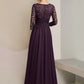 A-Line Mother of the Bride Dress Formal Elegant Scoop Neck Floor Length Chiffon Lace 3/4 Length Sleeve with Pleats