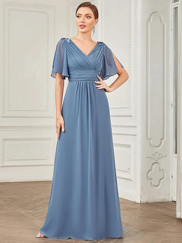 A-Line Prom Dresses Party Dress Wedding Guest Floor Length Short Sleeve V Neck Chiffon with Ruched