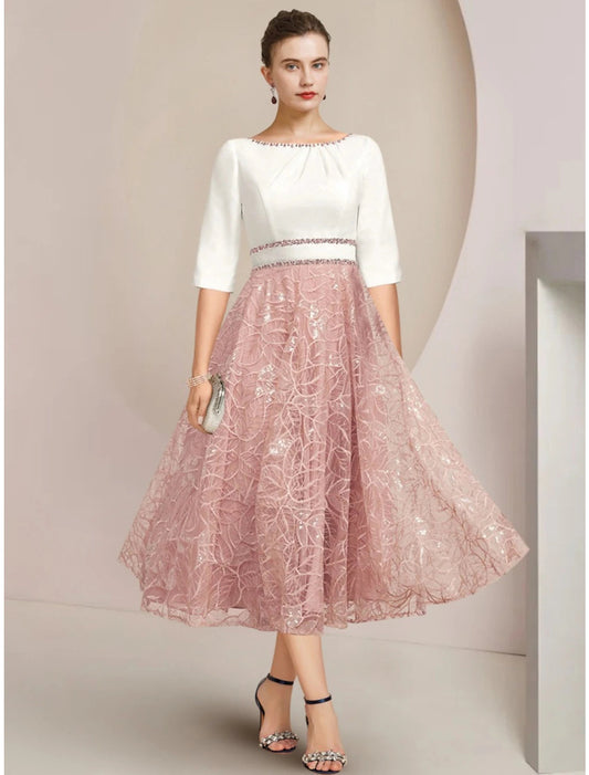 A-Line Mother of the Bride Dress Wedding Guest Elegant Petite Scoop Neck Tea Length Chiffon Lace Half Sleeve with Sequin