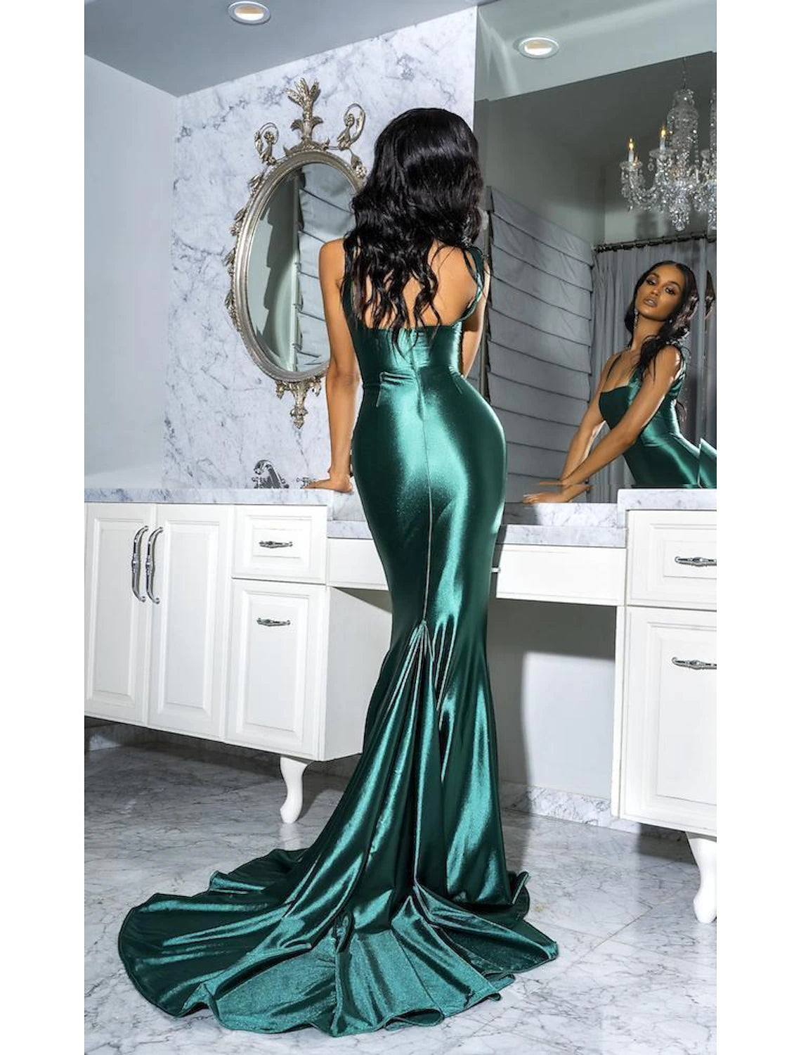 Mermaid / Trumpet Evening Gown Emerald Green Dress Prom Formal Evening Court Train Sleeveless Spaghetti Strap Satin