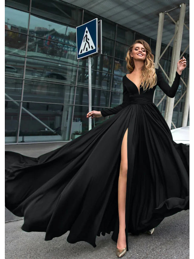 A-Line Empire Minimalist Sexy Holiday Prom Formal Evening Dress V Neck V Back Long Sleeve Floor Length Chiffon with Slit