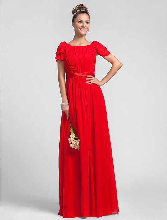 Sheath Square Neck Floor Length Chiffon Bridesmaid Dress with Side Draping