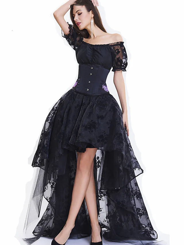 A-Line Prom Dresses Vintage Dress Masquerade Asymmetrical Short Sleeve Off Shoulder Lace with Embroidery
