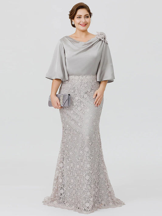 Mermaid / Trumpet Mother of the Bride Dress Plus Size Sexy Cowl Neck Sweep / Brush Train Satin Chiffon Lace Over Satin Half Sleeve