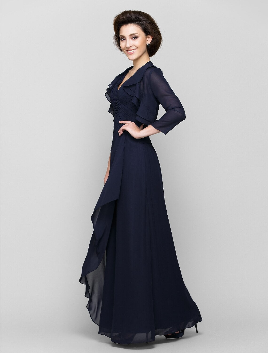 Sheath / Column Mother of the Bride Dress Convertible Dress V Neck Floor Length Chiffon 3/4 Length Sleeve with Criss Cross Cascading