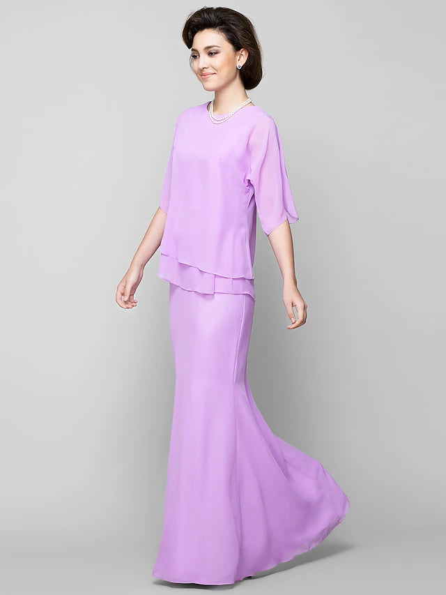 Mermaid / Trumpet Mother of the Bride Dress Elegant Scoop Neck Floor Length Chiffon Half Sleeve
