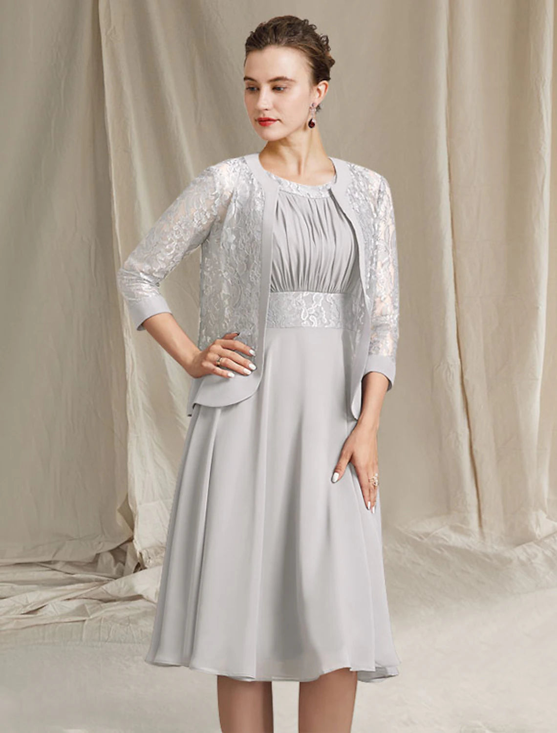 Two Piece A-Line Mother of the Bride Dress Church Elegant Jewel Neck Knee Length Chiffon Lace Sleeveless Wrap Included with Pleats