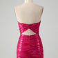 Chic Strapless Keyhole Pleated Fuchsia Tight Homecoming Dress Off Shoulder Sexy