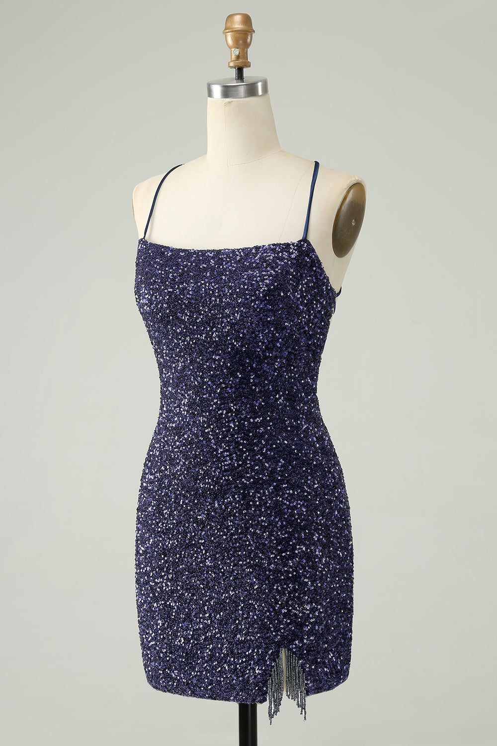 Sparkly Navy Bodycon Spaghetti Straps Backless Short Homecoming Dress with Sequins Sexy