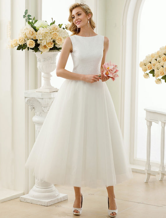 Reception Sparkle & Shine Little White Dresses Wedding Dresses A-Line Scoop Neck Sleeveless Tea Length Tulle Bridal Gowns With Lace