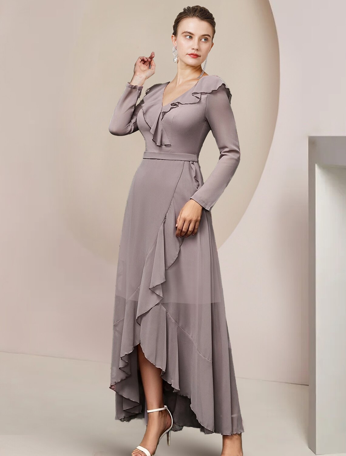 A-Line Mother of the Bride Dress Wedding Guest Elegant V Neck Asymmetrical Ankle Length Chiffon Long Sleeve with Ruffles