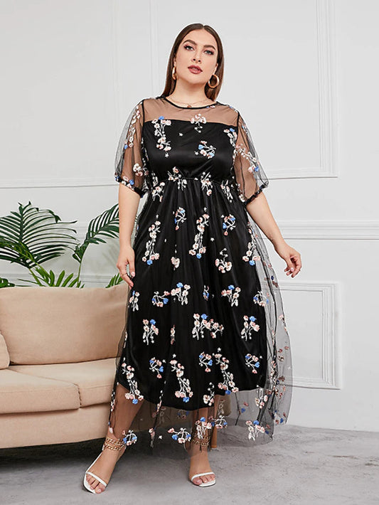 Plus Size Curve Mother of the Bride Dress Party Sparkle & Shine Scoop Neck Ankle Length Tulle Half Sleeve with Sequin