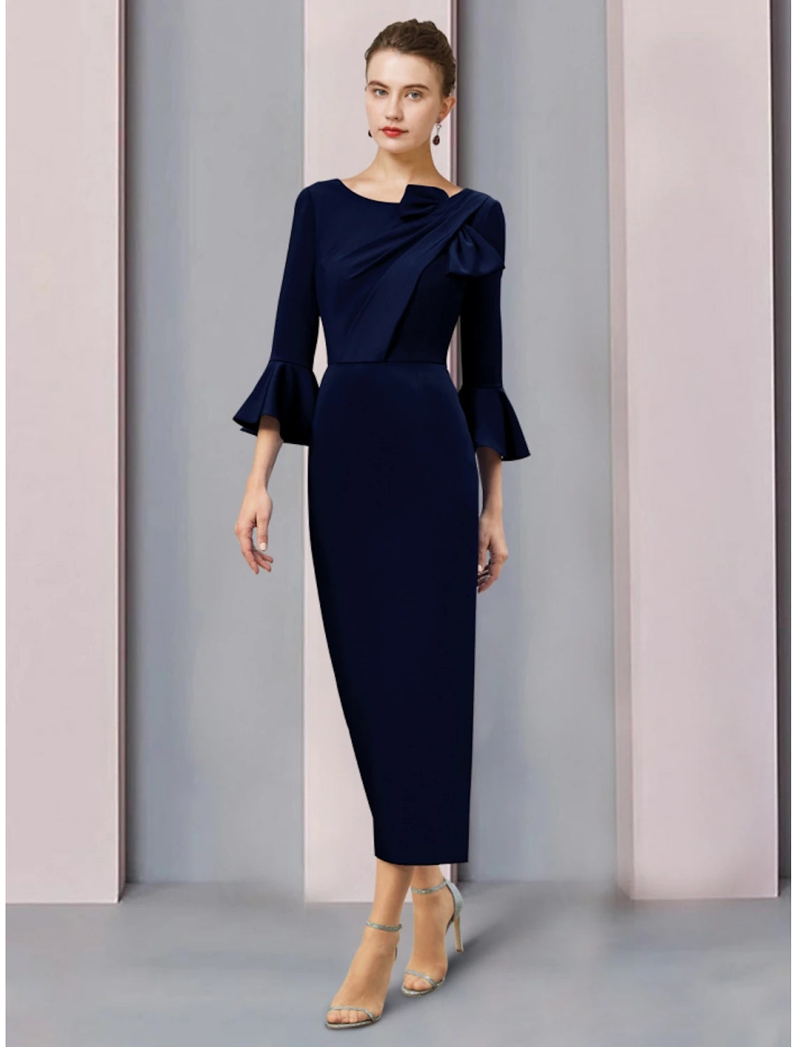 A-Line Mother of the Bride Dress Wedding Guest Elegant Scoop Neck Ankle Length Stretch Fabric 3/4 Length Sleeve with Bow(s) Ruching