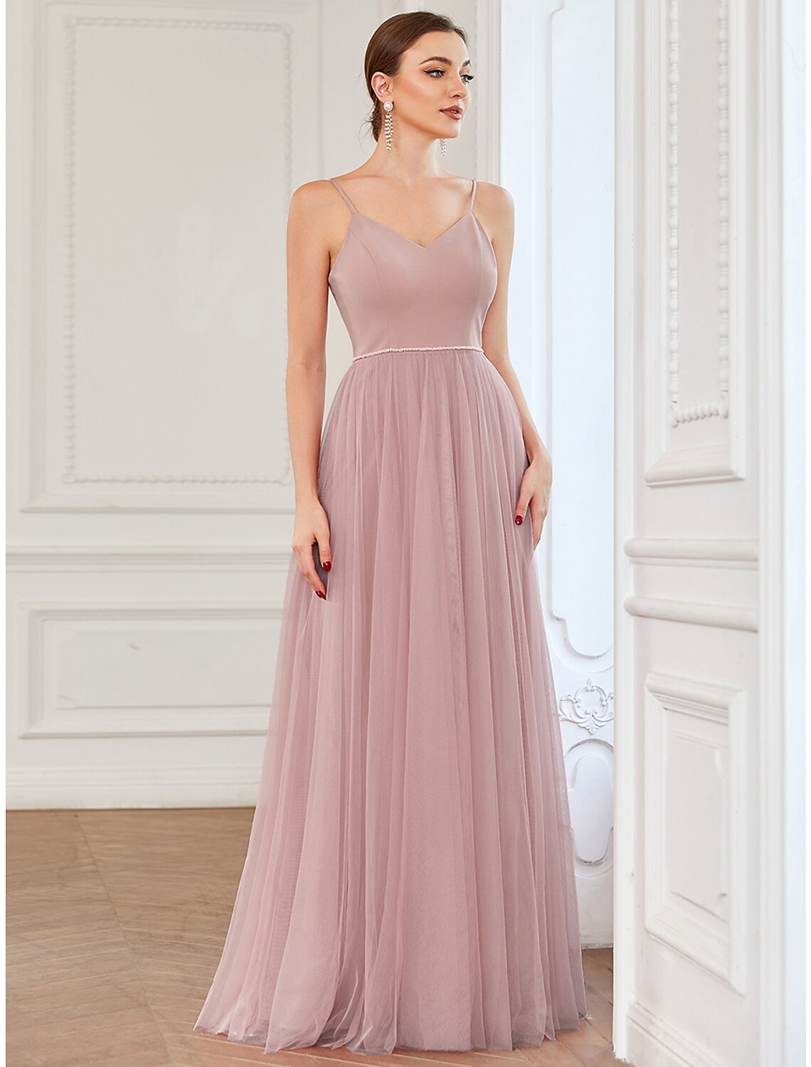 A-Line Prom Dresses Vintage Dress Wedding Guest Floor Length Sleeveless V Neck Tulle V Back with Pleats