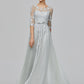 A-Line Empire Dress Wedding Guest Prom Floor Length Half Sleeve Illusion Neck Tulle with Bow(s)