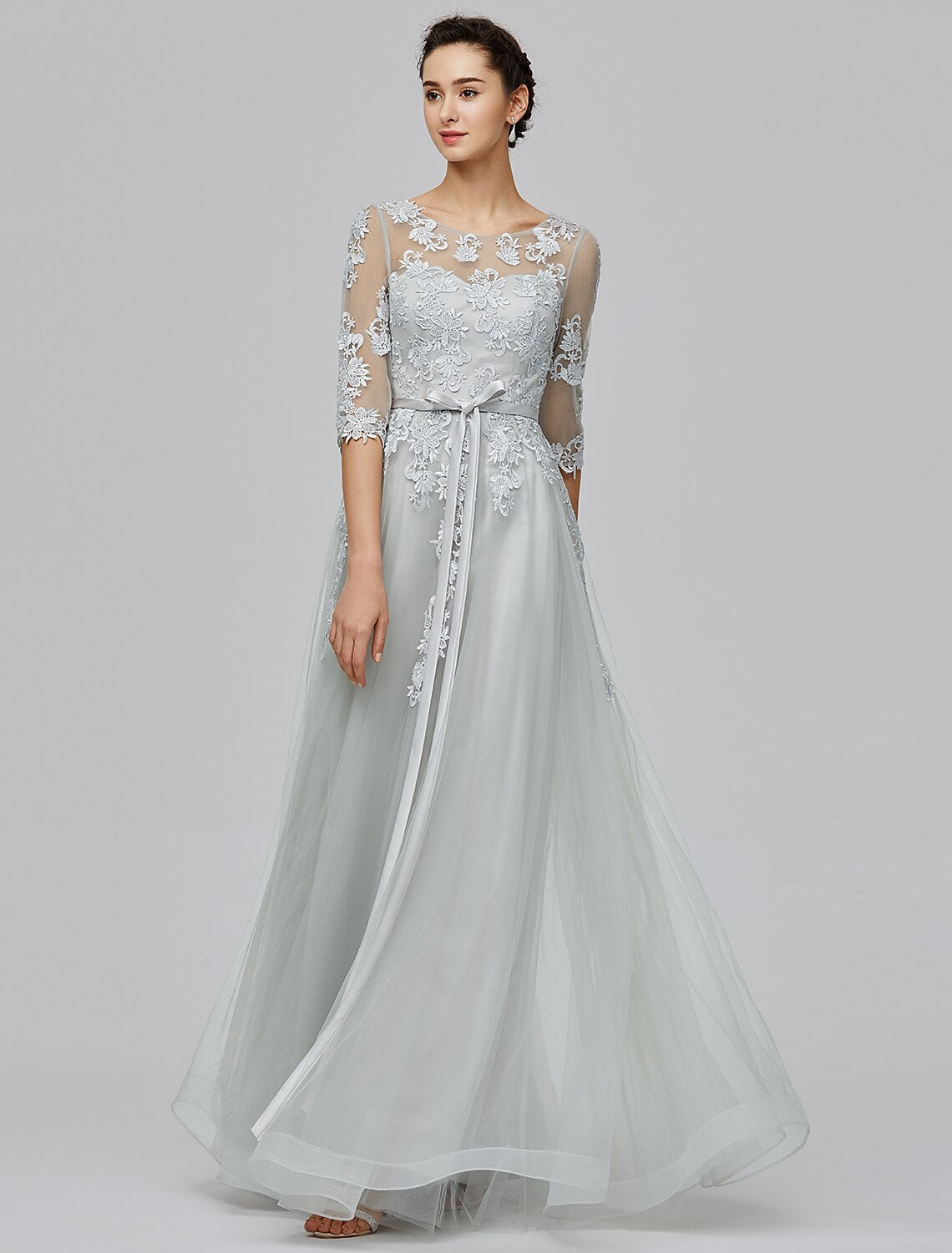 A-Line Empire Dress Wedding Guest Prom Floor Length Half Sleeve Illusion Neck Tulle with Bow(s)