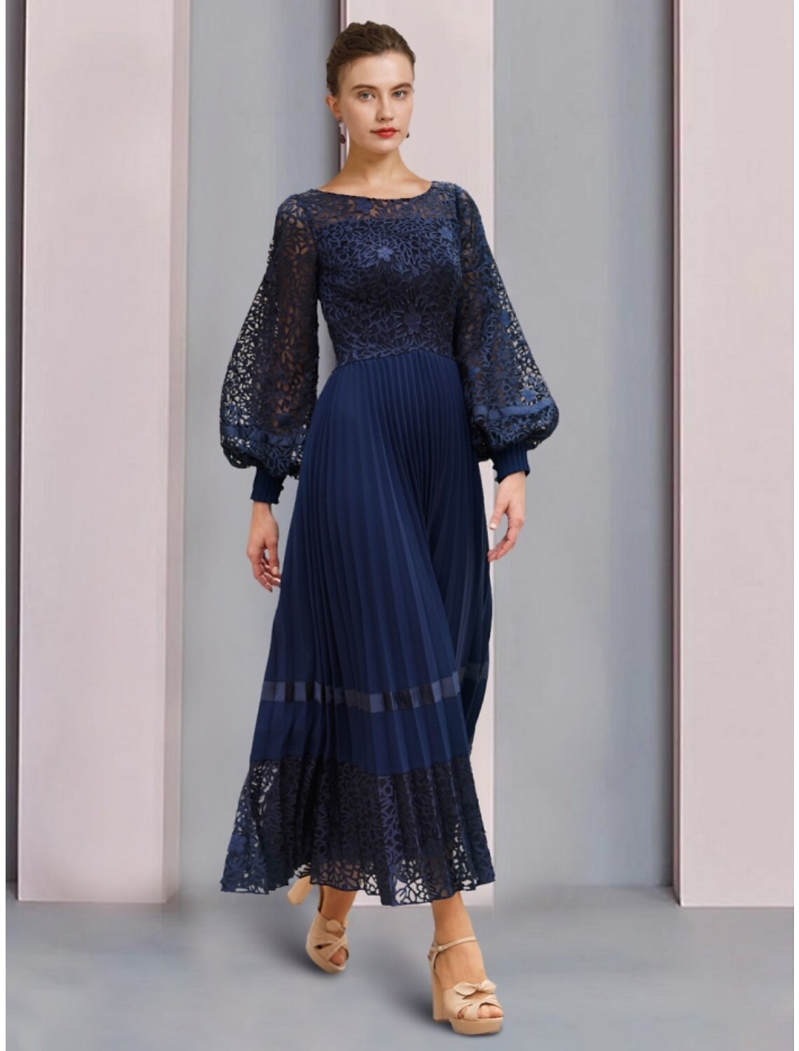 A-Line Mother of the Bride Dress Wedding Guest Elegant Scoop Neck Ankle Length Chiffon Lace Long Sleeve with Ruching