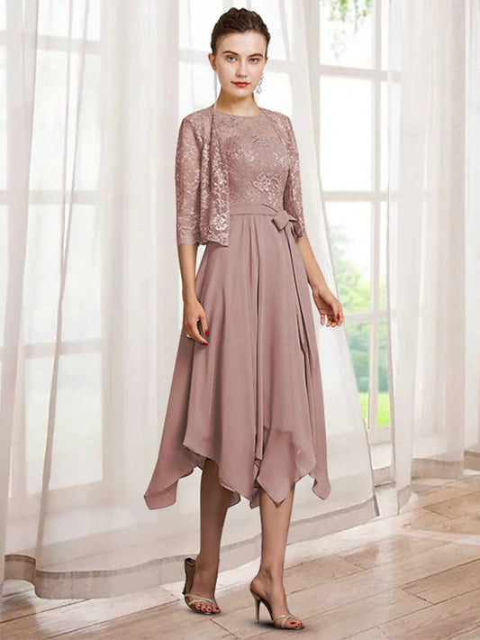 Two Piece A-Line Mother of the Bride Dress Elegant Jewel Neck Tea Length Chiffon Lace Half Sleeve Wrap Included with Sash