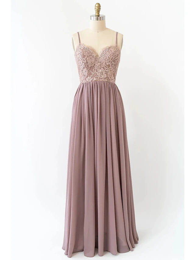 A-Line Bridesmaid Dress V Neck Sleeveless Open Back Floor Length Chiffon Long