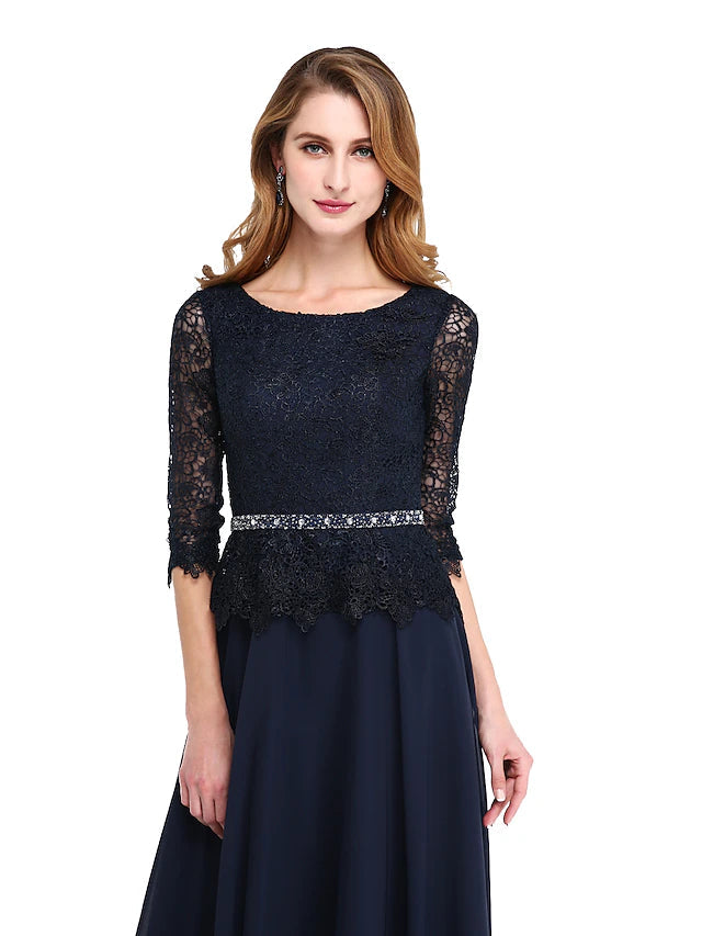 A-Line Mother of the Bride Dress Elegant Jewel Neck Floor Length Chiffon Lace Bodice 3/4 Length Sleeve with Sash / Ribbon