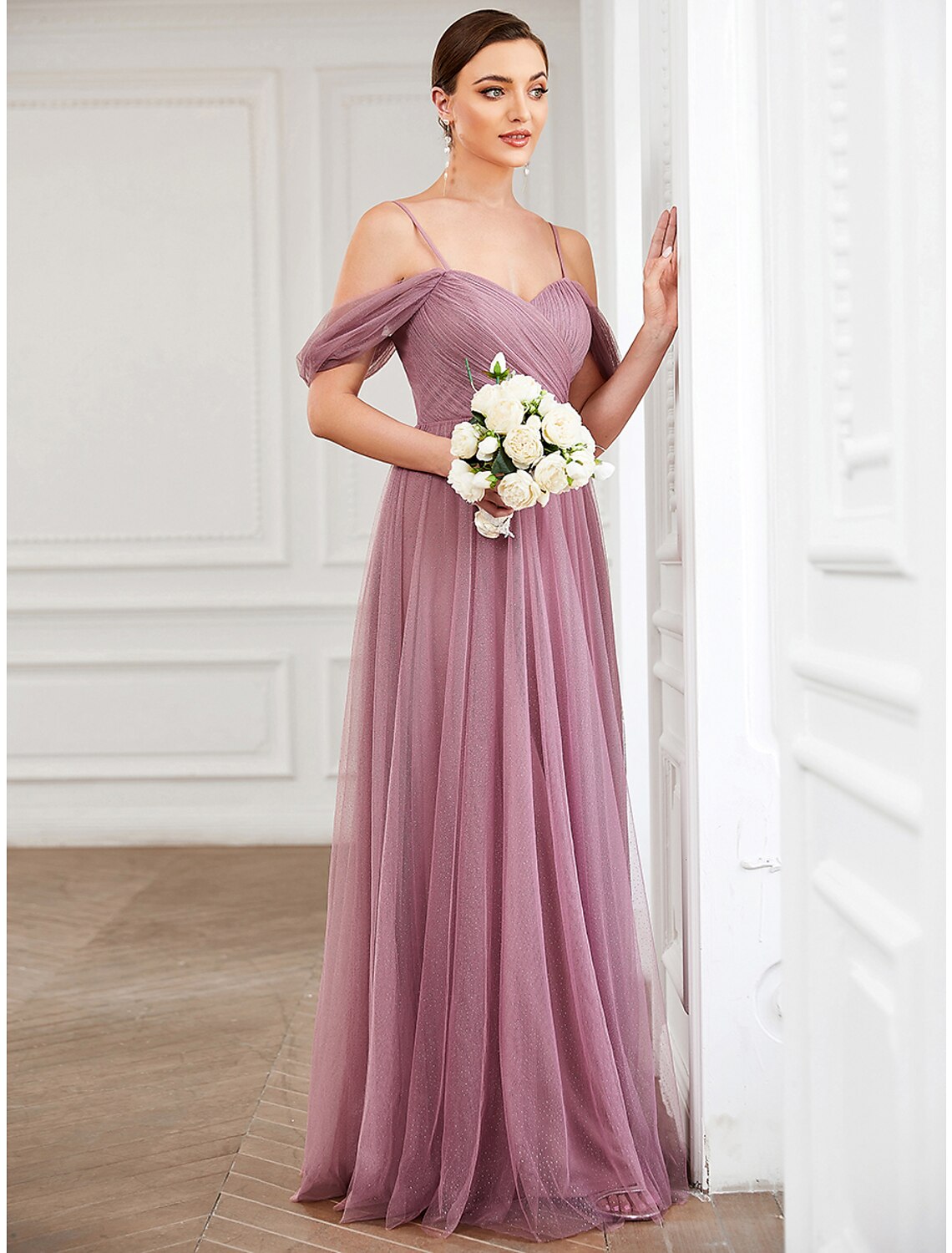 A-Line Prom Dresses Elegant Dress Wedding Guest Floor Length Sleeveless V Neck Tulle