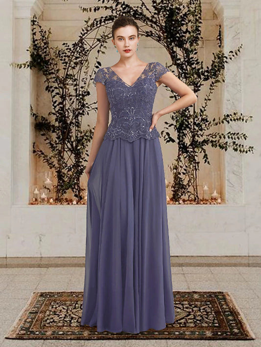 A-Line Mother of the Bride Dress Plus Size Elegant V Neck Floor Length Chiffon Lace Sequined Short Sleeve with Pleats